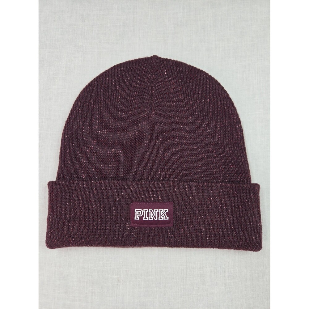 Victoria's Secret PINK Winter Ski Hat Knit Beanie Burgundy Wine Metalic Sparkle